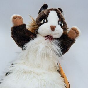 Folkmanis Cat Stage Puppet Retired Green Eyes Plush Fluffy White Brown 15 In Tag